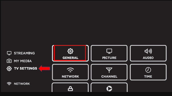 Select TV settings and choose General to reset data 