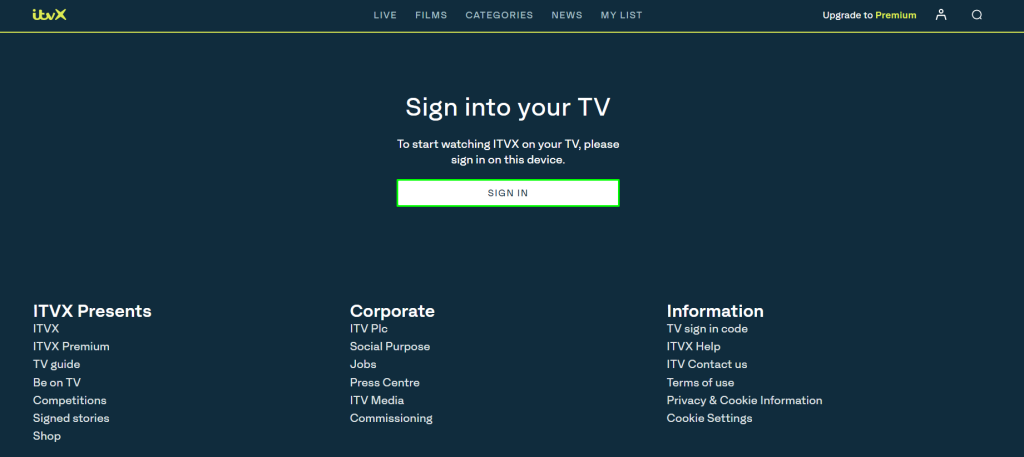 Hit the Sign in button to login to your ITVX account