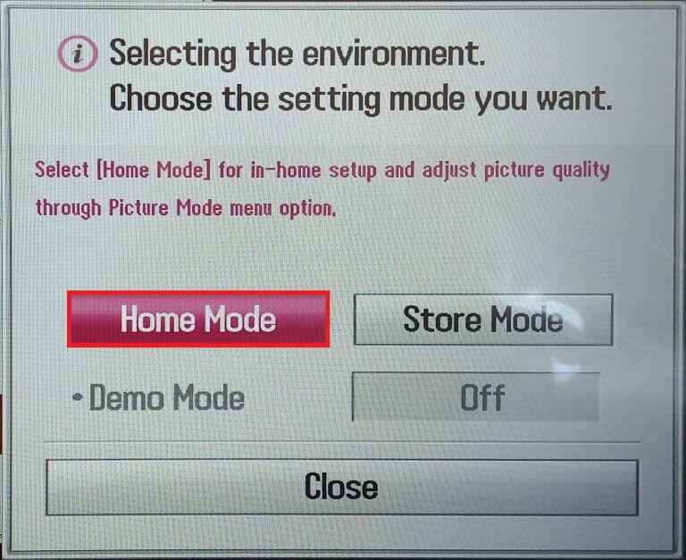 LG TV Demo Mode - Select Home Mode 