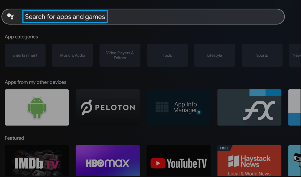 The Search for apps and games option - Netflix on Philips TV 