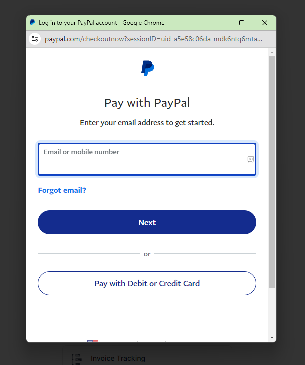 Login to PayPal to Complete the Payment