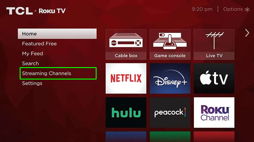 Select the Streaming Channels option on TCL Roku TV