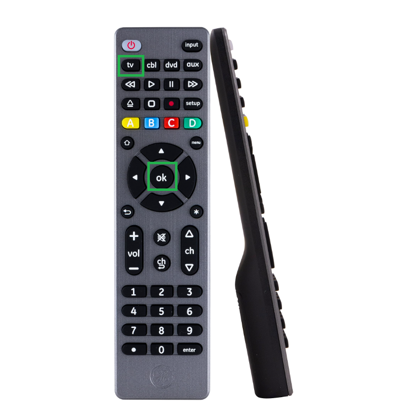 Press the OK and TV button on the universal remote