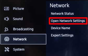 Select Open Network Settings to fix Samsung TV not connecting to Wi-Fi