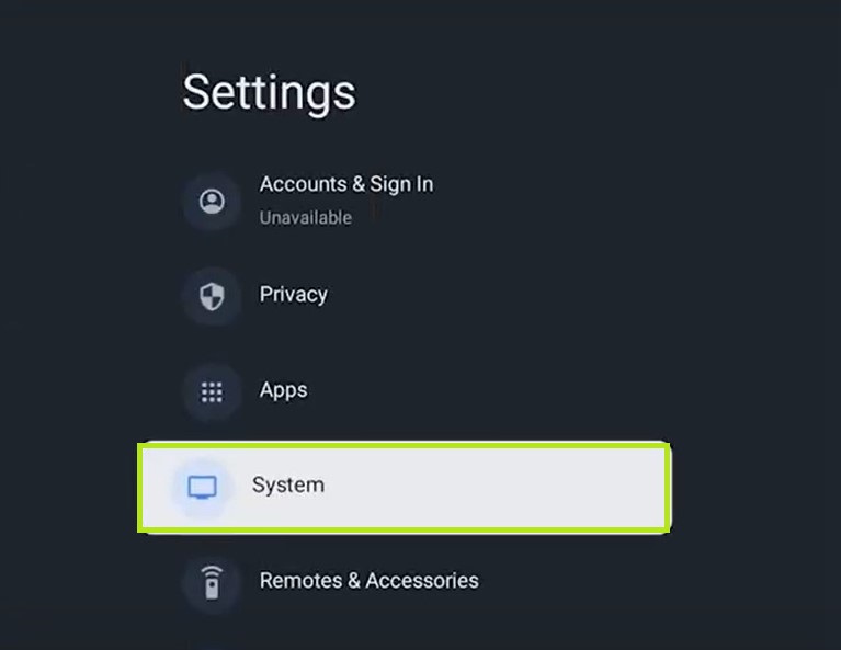 Select System on Google TV Settings