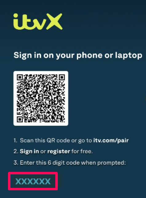 Sign in with the code to get ITVX on Samsung TV