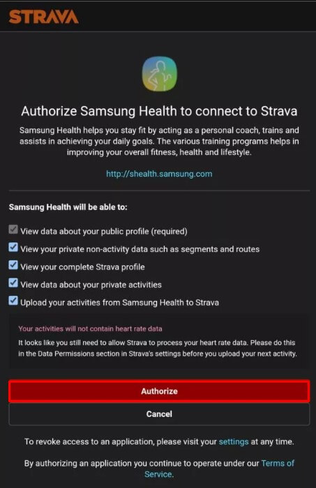 Click Authorize - Strava on Samsung Watch