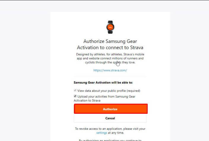 Click Authorize Option - Strava on Samsung Watch