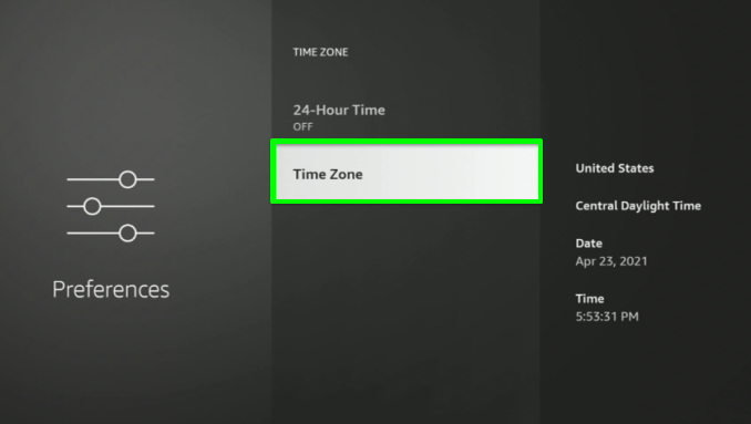 Choose the Time Zone option on Fire TV