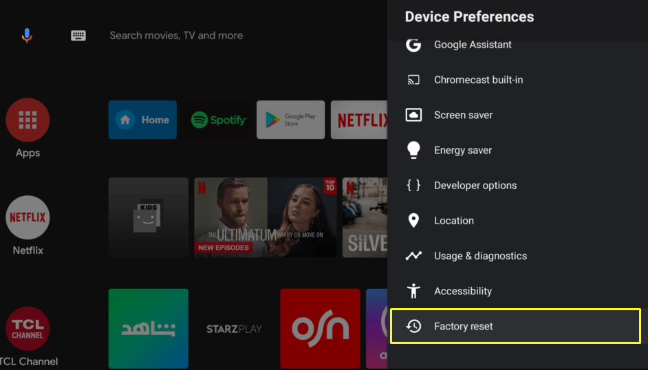 select the Factory Reset option to fix TCL TV not working