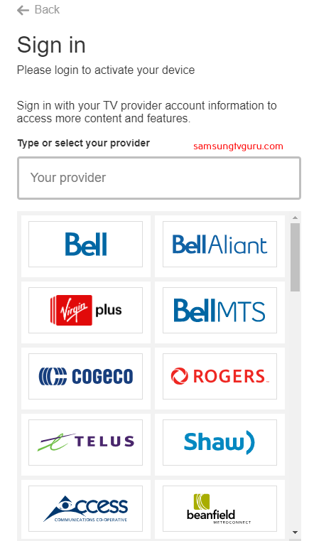 Select your TV provider from the list