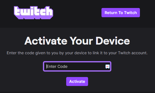 Enter the code and activate Twitch app