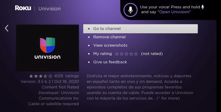 Univision on Roku - Go to Channel