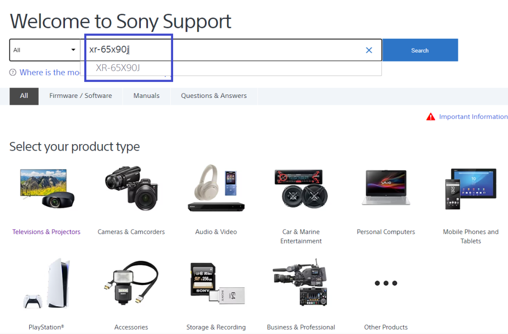 In Sony Support Website, Search the Sony Google TV Model you want to update