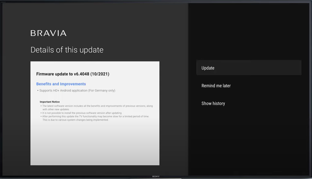 Click Update to Update Your Sony Google TV