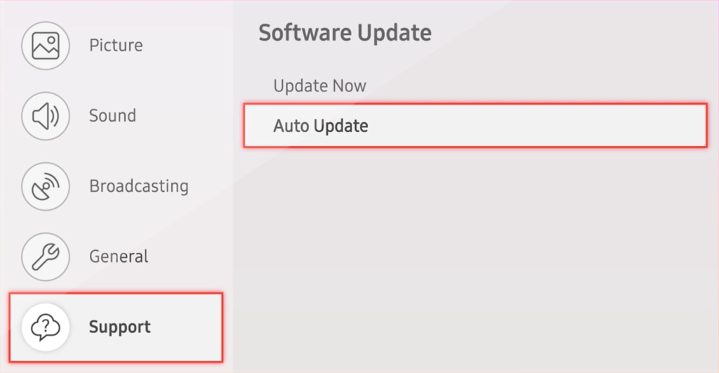 Select the Auto Update option to update your Samsung TV