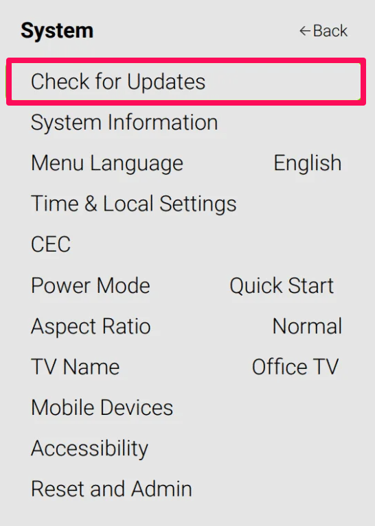 Click on Check for Updates to fix Vizio TV Not Connecting to WiFi