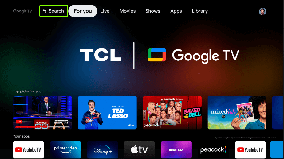 YouTube TCL TV - Hit the Search icon