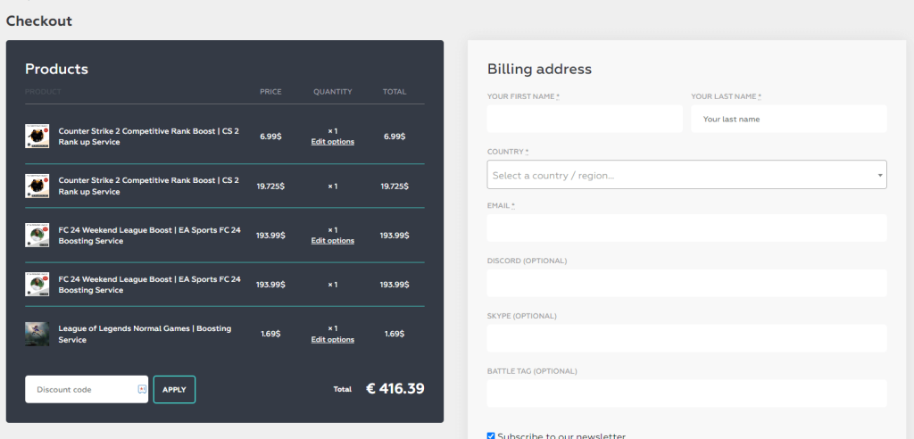 enter billing address to place order on Boostcraft