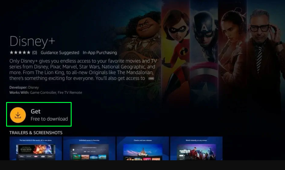 Click Get to install Disney Plus on TCL Fire TV