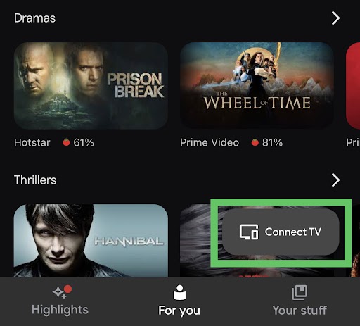 Click the Connect to TV option on the Google TV app
