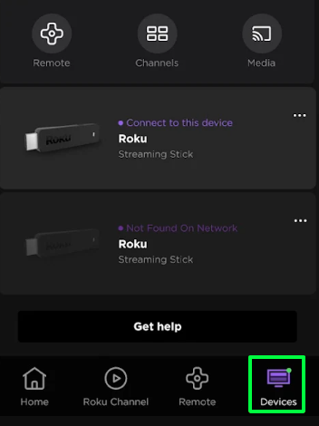 Click the Devices tab on the Roku remote app