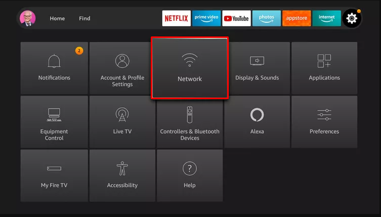 Click the Network tab on TCL Fire TV