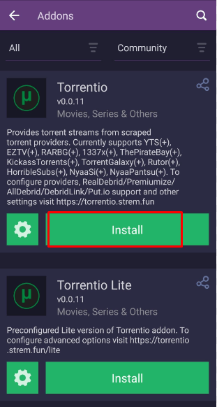 Tap the Install button to install Torrentio on Stremio