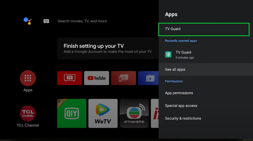 Select TV Guard option on TCL Android TV
