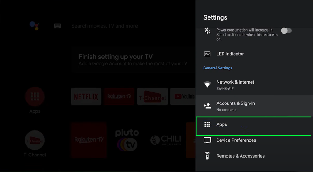 Apps menu on TCL Android TV