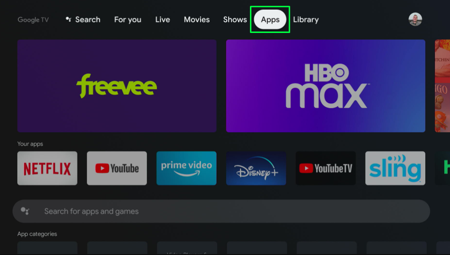 Select the Apps section on TCL Google TV
