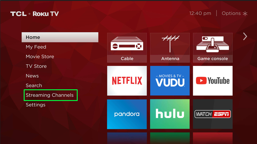 Select the Streaming Channels option on TCL Rou TV