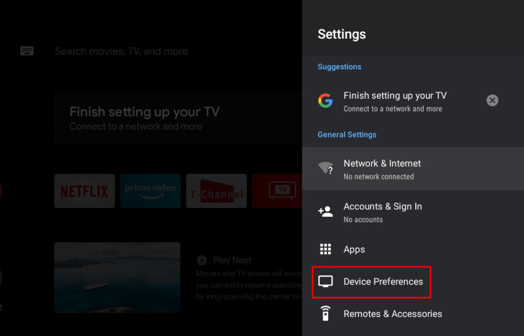 Choose Device Preference to reset Element Android TV