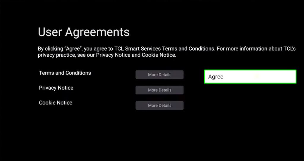 Click Agree to user agreements on TCL Google TV