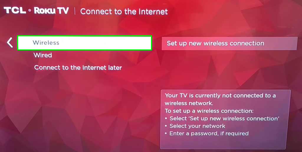 Choose the Wireless option and click Set Up New Connection
