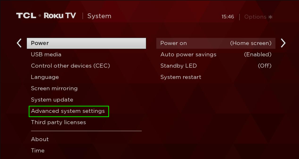 Select the Advanced System Settings option on TCL Roku TV