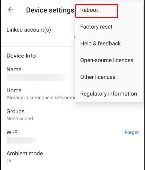 select Reboot in Google Home App