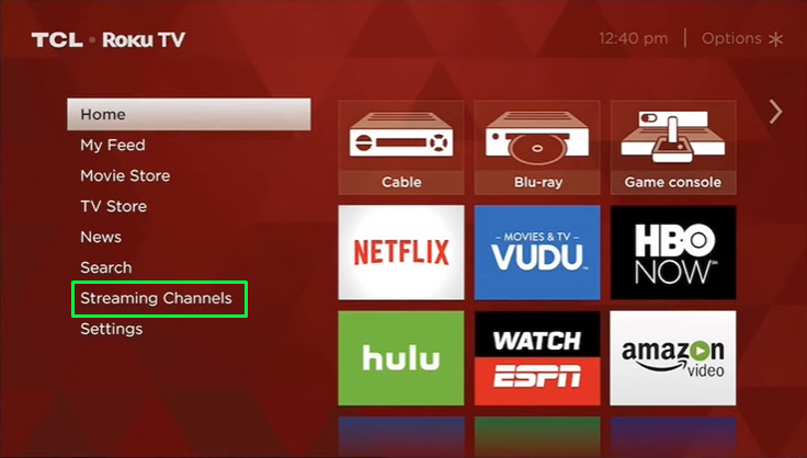 Click Streaming Channels option on TCL Roku TV