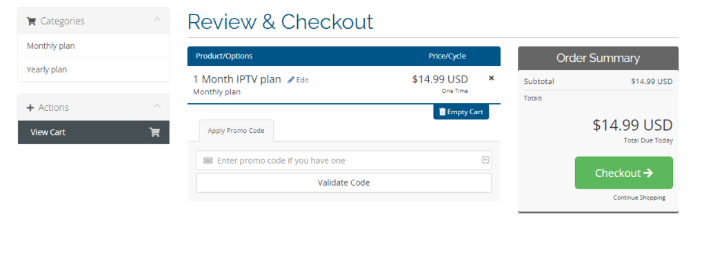 Tap Checkout to Go to the Payment Page of IPTV High Tech