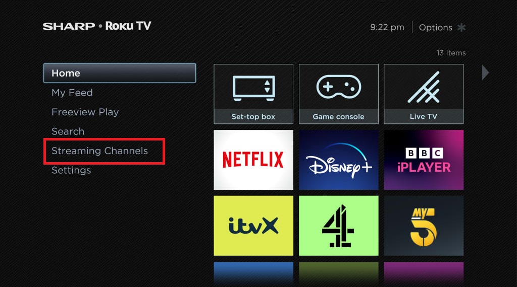 Click the Streaming Channels on Sharp Roku TV
