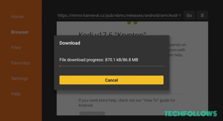 The Kodi app is downloading on Firestick