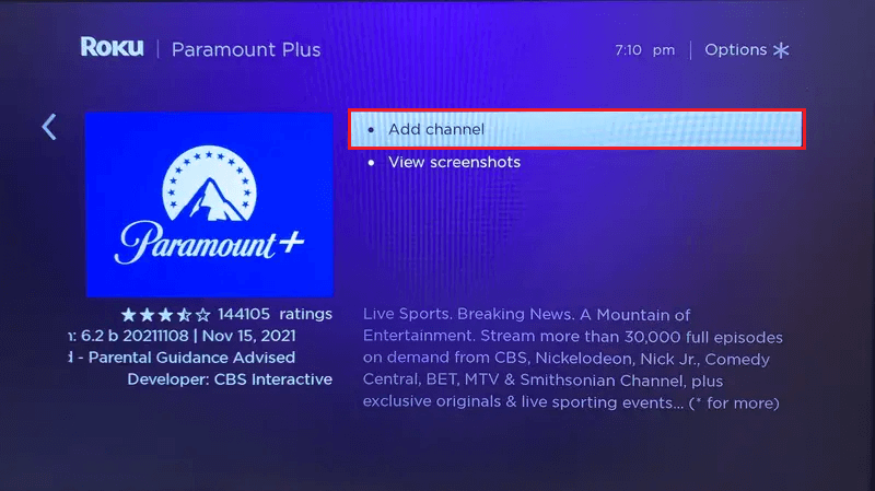 Add Paramount Plus channel on Roku